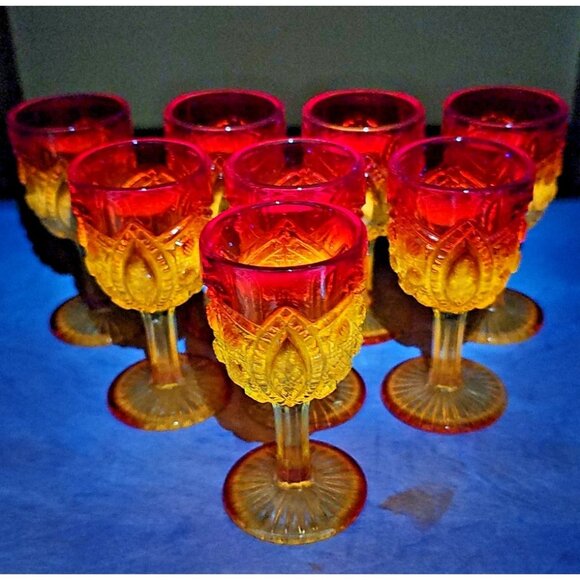 8pc Set Cadmium Amberina Cordial MCM Vintage Water Wine Glasses Rare WOW! - Picture 1 of 16